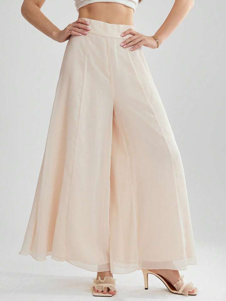 CM-BS788247 Women Trendy Bohemian Style Solid Color High Waist Wide Leg Pants - Apricot