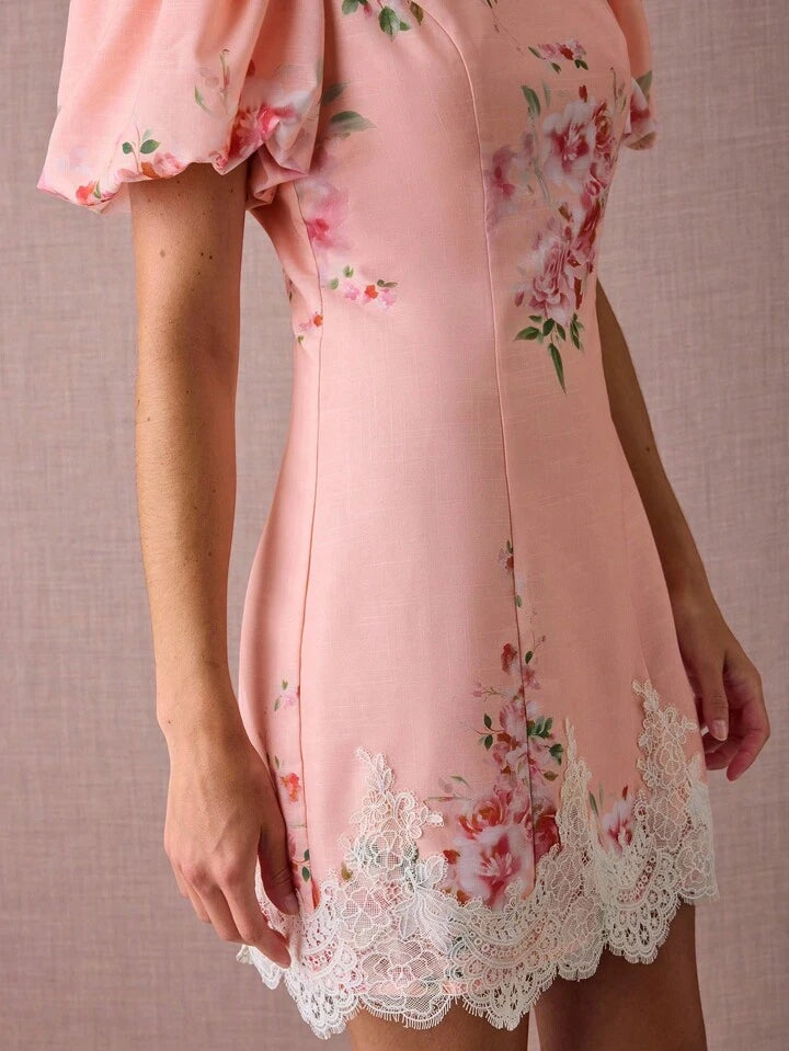 CM-DS460049 Women Elegant Seoul Style Floral Print Round Neck Puff Sleeve Lace Hem Mini Dress - Pink
