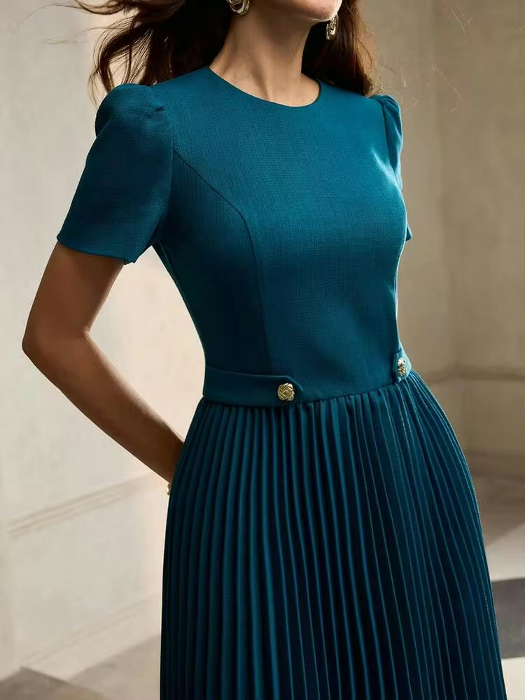 CM-DS660745 Women Elegant Seoul Style Round Neck Puff Sleeve Pleated Hem A-Line Mid-Length Dress - Teal Blue