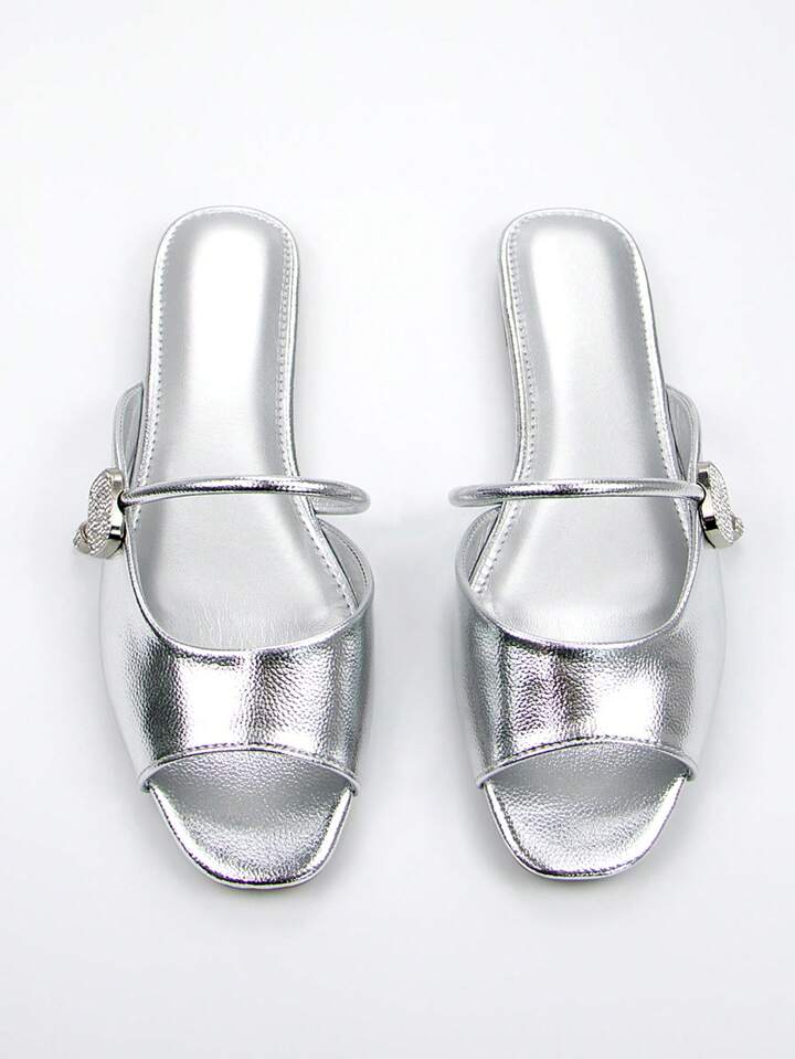 CM-SHS715565 Women Trendy Seoul Style Silver Crystal Embellished Ankle Strap Open Toe Flat Mule Sandals - Silver