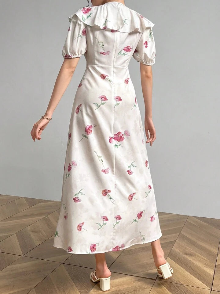 CM-DS767606 Women Casual Seoul Style V-Neck Puff Sleeve Ruffle Hem Floral Print Dress