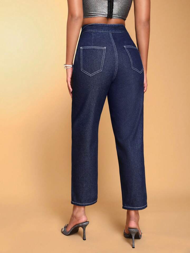 CM-BS563638 Women Casual Seoul Style Single Button Fly Foldover Waist Denim Long Pants - Blue