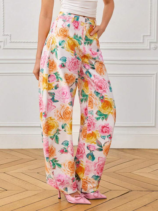 CM-BS143261 Women Casual Seoul Style Mid Waist Colorful Floral Print Baggy Flared Denim Pants - White