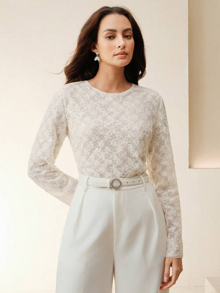 CM-TS530144 Women Elegant Seoul Style Hollow-Out Lace Sequin Decor Long Sleeve Blouse - Apricot