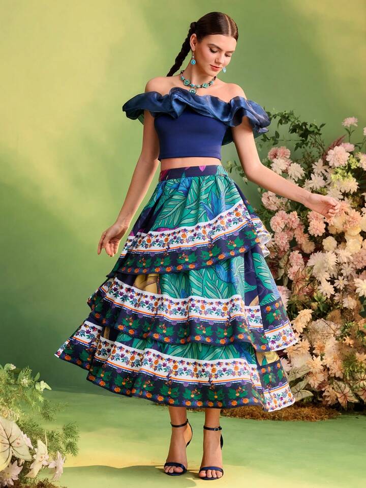 CM-BS132559 Women Elegant Seoul Style Tropical Printed High-Waist Ruffled Layered Midi Skirt