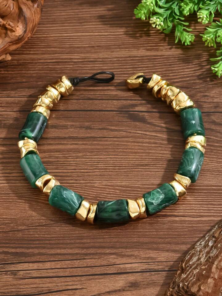 CM-AXS143919 Women Trendy Bohemian Style Jade Resin Bead Asymmetrical Golden Bead Necklace