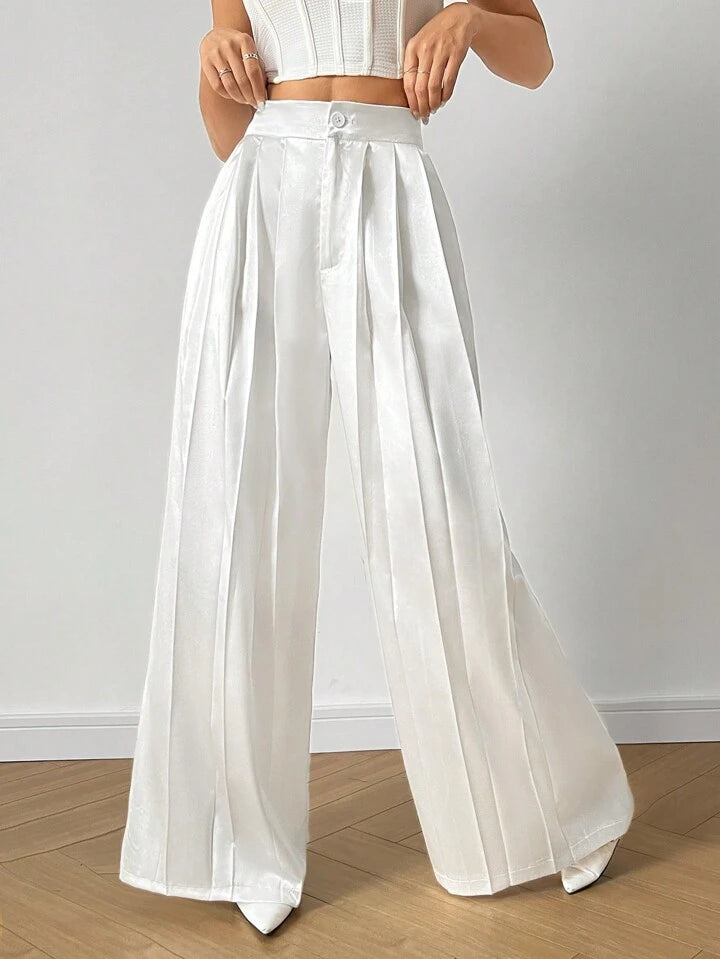 CM-BS196929 Women Casua Seoul Style Solid Color Pleated Wide Leg Trousers - White