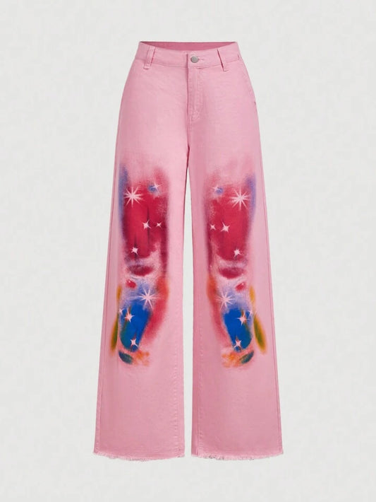 CM-BS386468 Women Casual Seoul Style Front Button Geometric Print Wide Leg Jeans - Pink