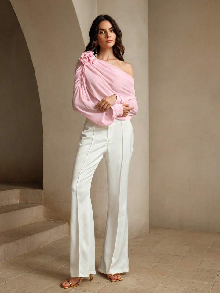 CM-TS898866 Women Elegant Seoul Style Off the Shoulder 3D Floral Decoration Blouse - Baby Pink