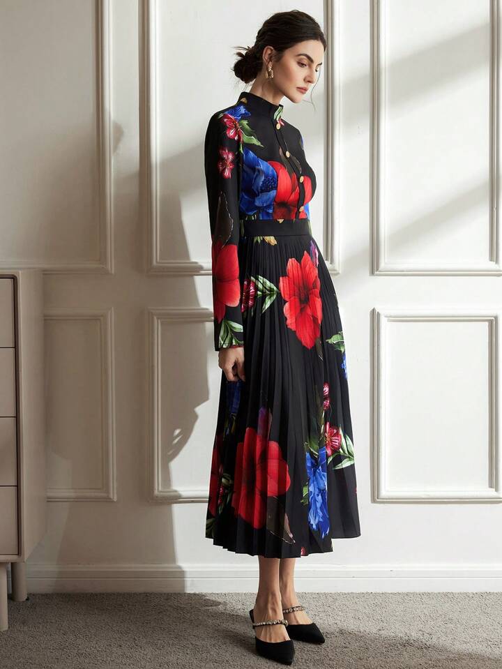 CM-DS903060 Women Retro Seoul Style Floral Print Stand Colla Metal Buttons Pleated Hem Dress