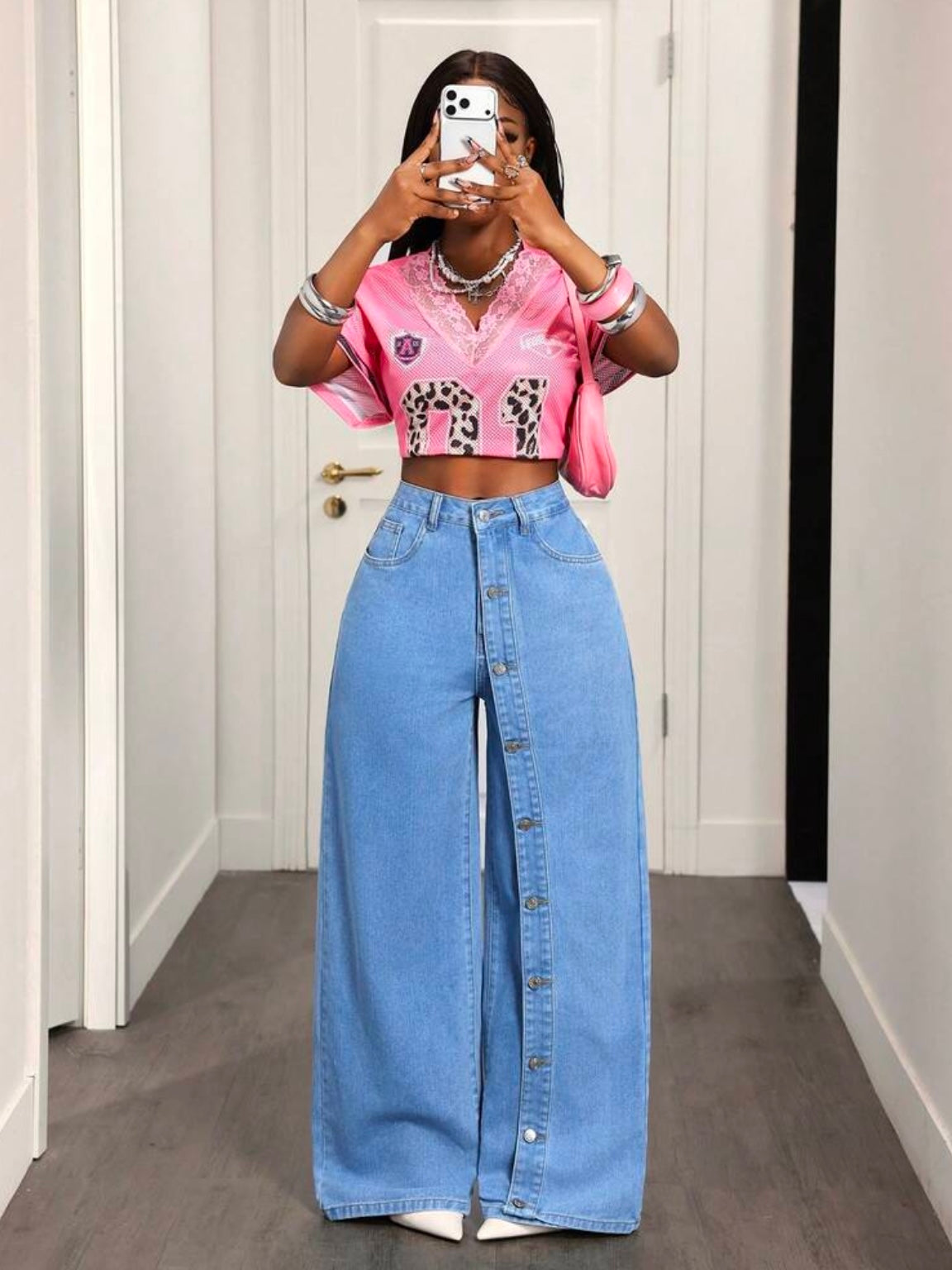 CM-BS114741 Women Casual Seoul Style Medium Wash Mid Waist Button-Up Multi-Pocket Wide Leg Denim Pants