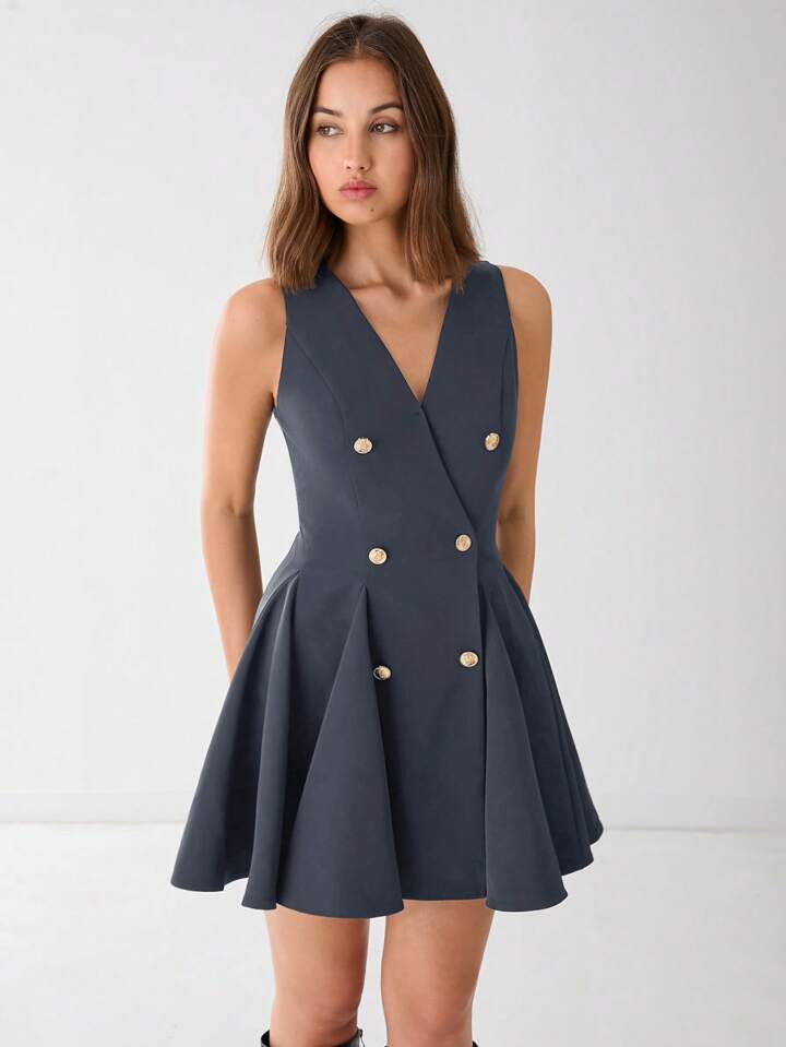 CM-DS811773 Women Elegant Seoul Style V-Neck Front Button Sleeveless A-Line Mini Dress - Dark Gray