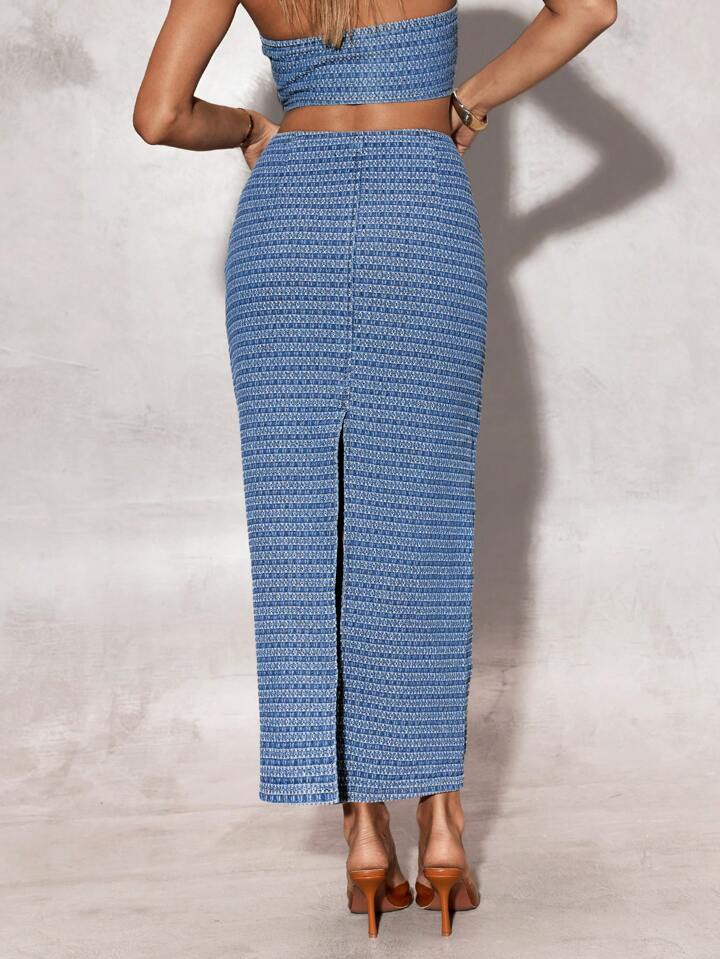 CM-BS720731 Women Casual Seoul Style High Waist Long Straight Denim A-Line Skirt - Blue