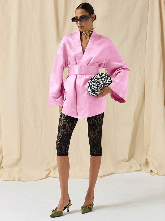 CM-DS784692 Women Elegant Seoul Style Solid Color Deep V-Neck Bell Sleeve Mini Dress - Pink