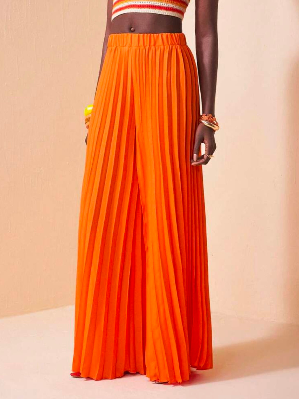 CM-BS882688 Women Trendy Bohemian Style Elastic Waist Pleated Large Hem Extra Long Wide Leg Pants - Orange