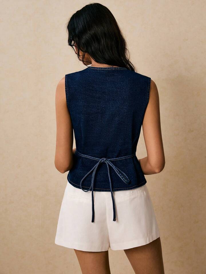 CM-TS225401 Women Casual Seoul Style Dark Wash V-Neck Sleeveless Shell Button Denim Vest Top