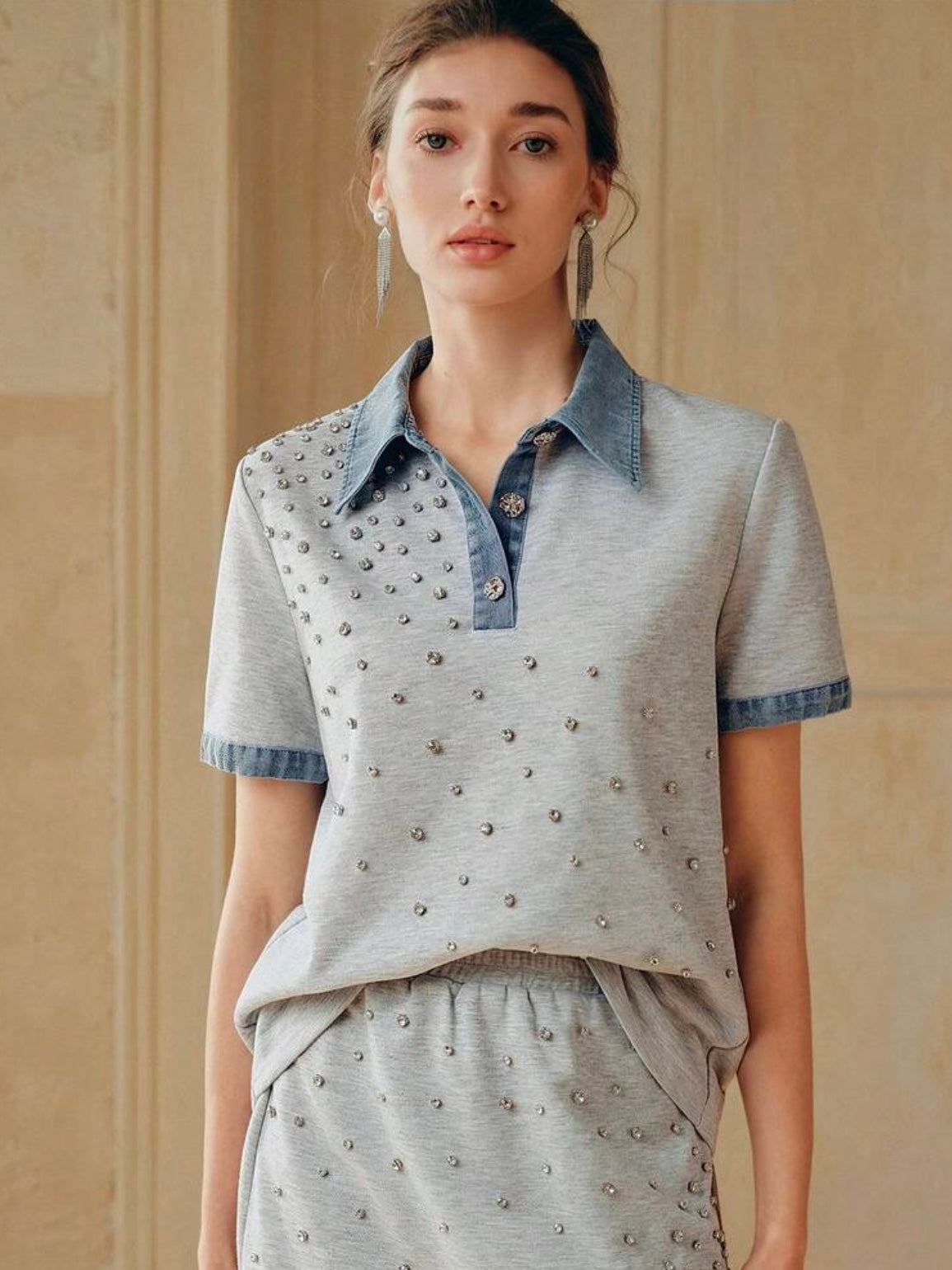 CM-TS782655 Women Casual Seoul Style Collar Neckline Color-Blocking Short Sleeve Denim T-Shirt - Light Gray