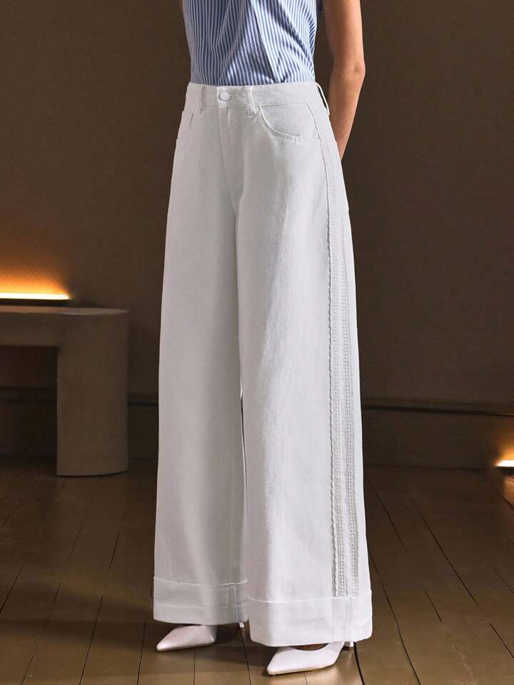 CM-BS517956 Women Casual Seoul Style Mid Waist Floral Lace Patchwork Straight Leg Jeans - White