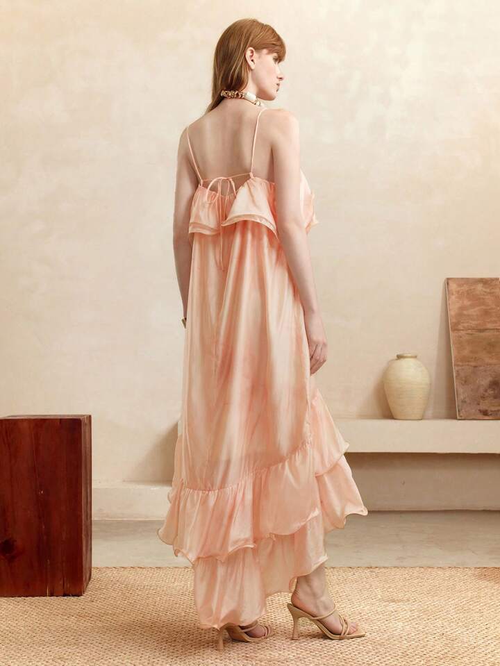 CM-DS766988 Women Trendy Bohemian Styel Oganza Tie-Dye Ombre Off-The-Shoulder Ruffle Hem Camisole Maxi Dress