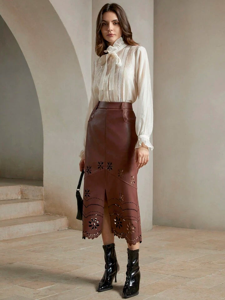 CM-BS336666 Women Elegant Seoul Style  PU Leather Midi A-Line Skinny Skirt - Coffee