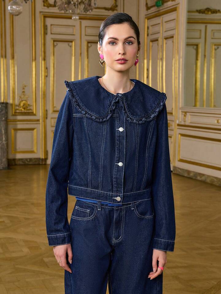 CM-CS053813 Women Casual Seoul Style Lapel Frill Trim Long Sleeve Loose Denim Jacket - Blue