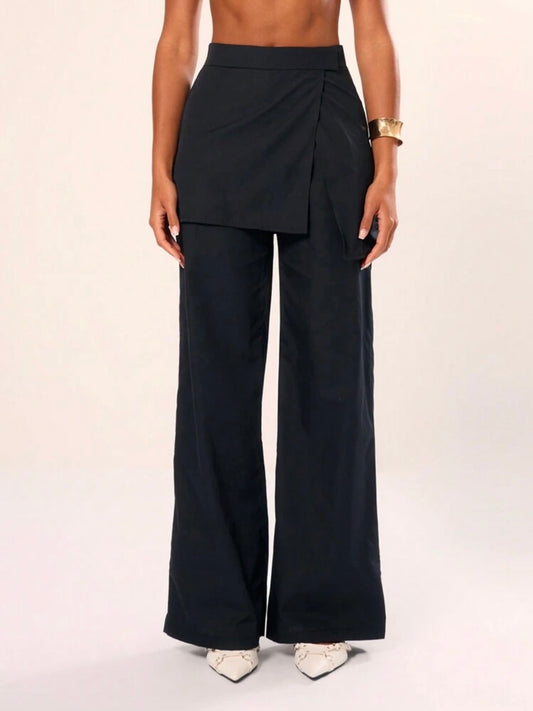 CM-BS759643 Women Casual Seoul Style Skirt Wrap Over Tailored Wide Leg Trousers - Black