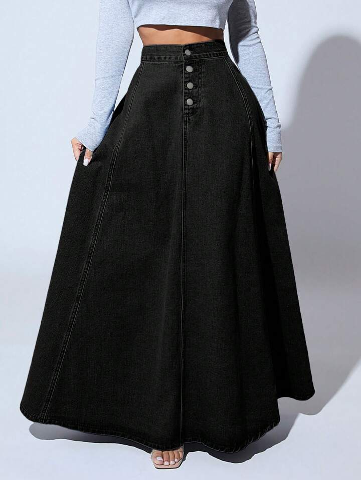 CM-BS790210 Women Casual Seoul Style High Waist Button Front Extra Long Denim Skirt - Black