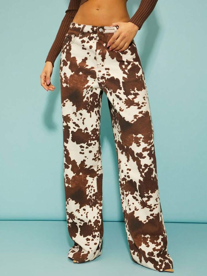 CM-BS722103 Women Casual Seoul Style High Waist Front Button Pocket Printed Straight Leg Denim Pants