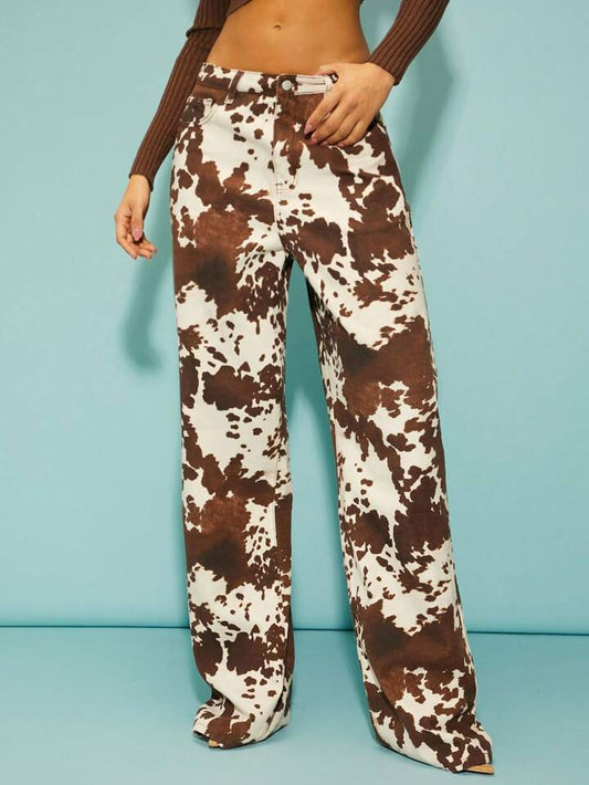 CM-BS722103 Women Casual Seoul Style High Waist Front Button Pocket Printed Straight Leg Denim Pants