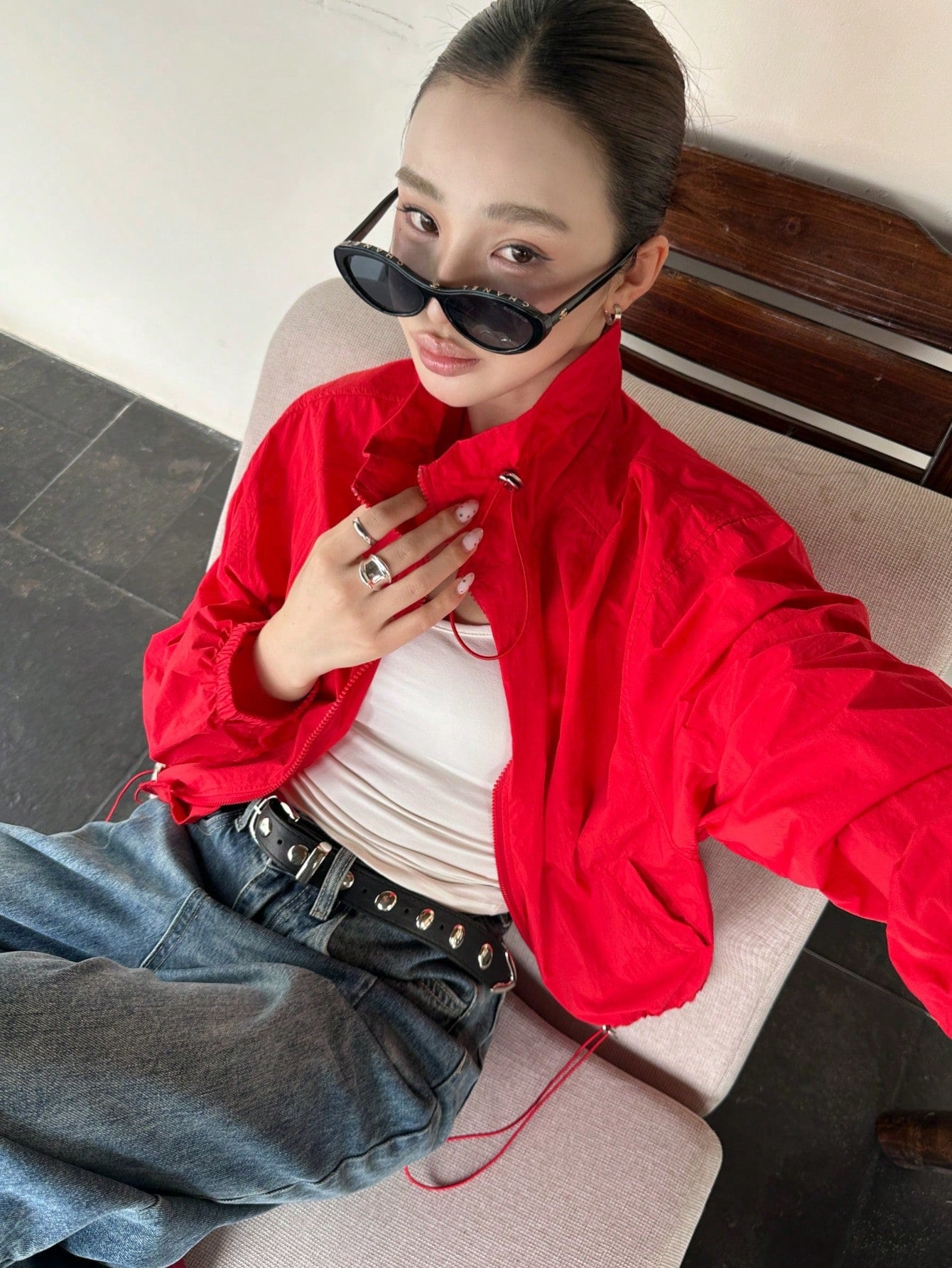 CM-CS791546 Women Casual Seoul Style Drawstring Collar Loose Fit Short Lightweight Jacket - Red
