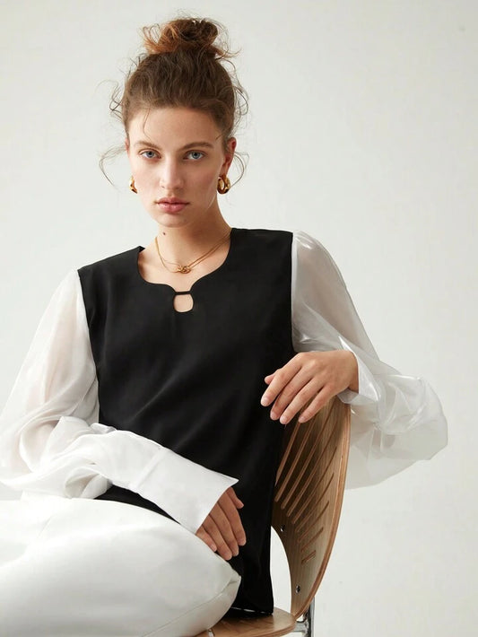 CM-TS156489 Women Casual Seoul Style Two Tone Lantern Sleeve Keyhole Neckline Blouse