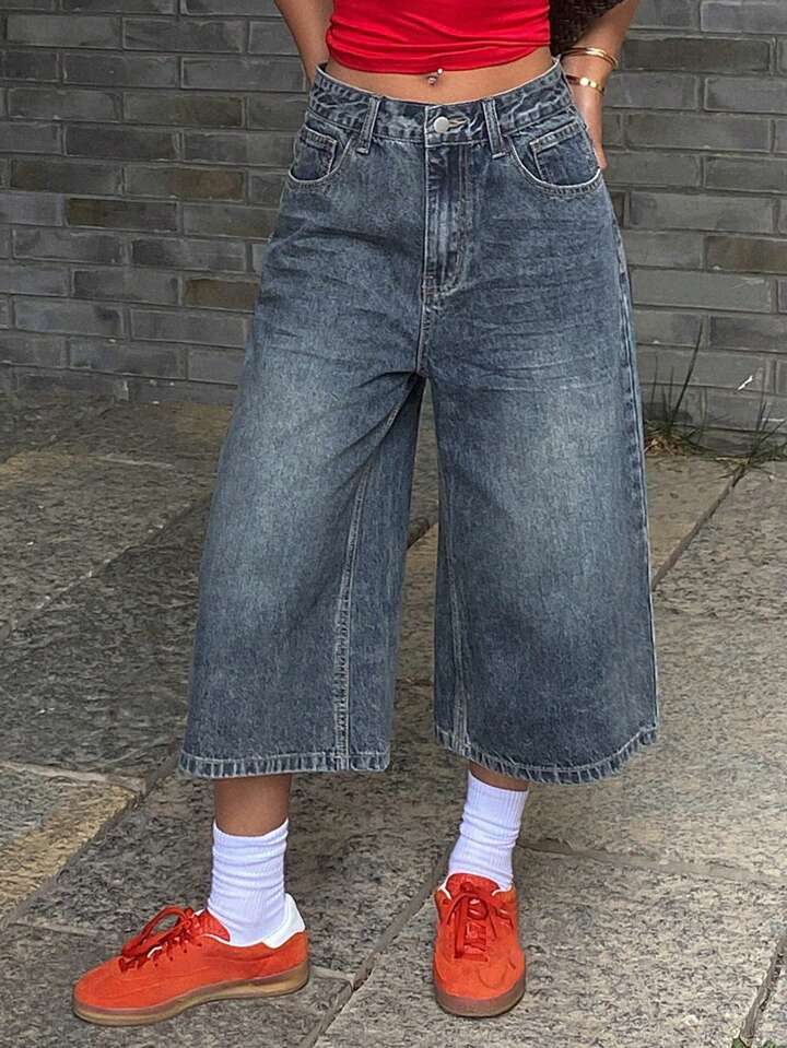 CM-BS665377 Women Casual Seoul Style Distressed Patch Pocket Wide Leg Jeans - Blue