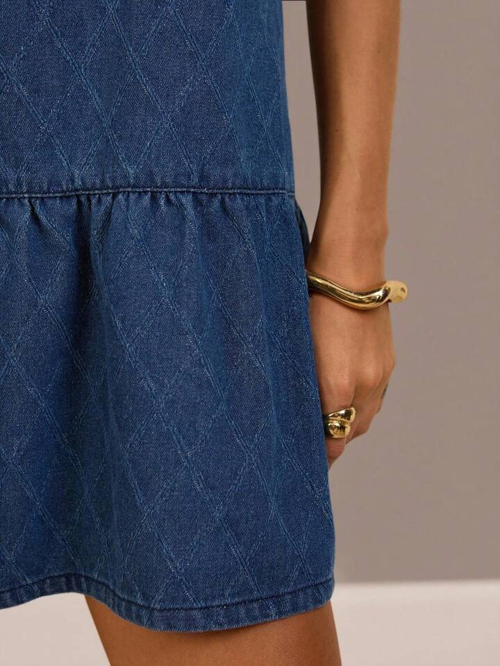 CM-DS159185 Women Casual Seoul Style Dark Wash Round Neck Short Sleeve Denim Mini Dress