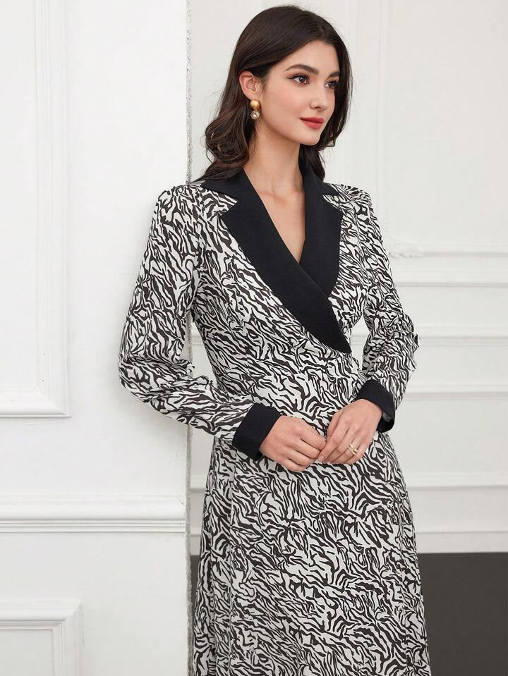 CM-DS176179 Women Casual Seoul Style Printed Patchwork Contrast Color Lapel Dress