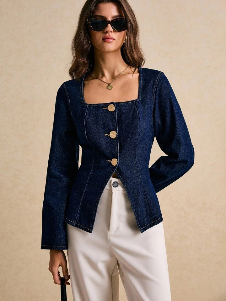 CM-TS629341 Women Elegant Seoul Style Dark Wash Square Neck Long Sleeve Single-Breasted Denim Top