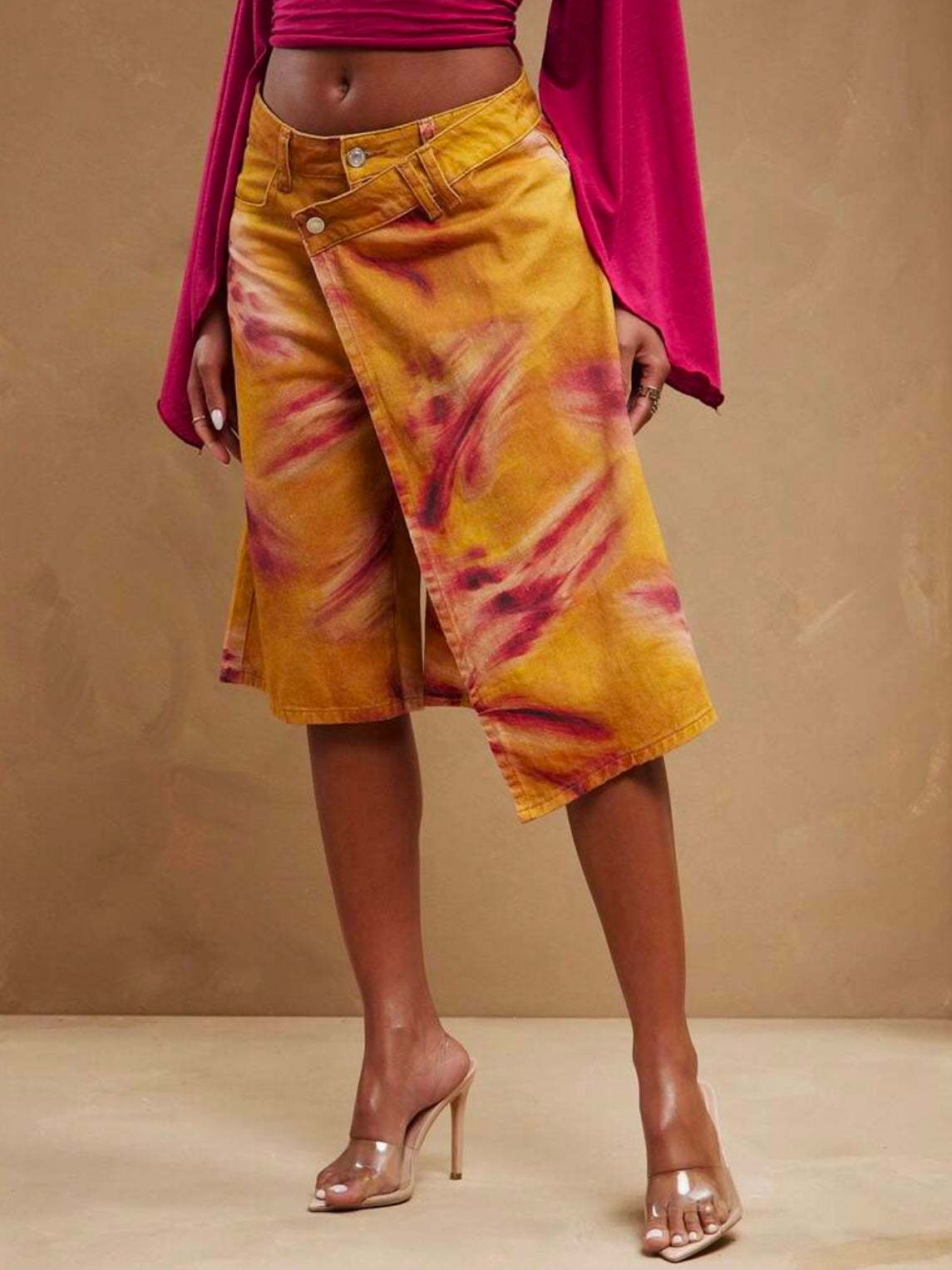 CM-BS733636 Women Casual Seoul Style Mid Waist Crossover Tie Dye Skirt Loose Baggy Denim Short