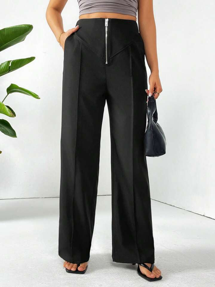 CM-BS795955 Women Casual Seoul Style Zipper Closure Straight-Leg Pants - Black