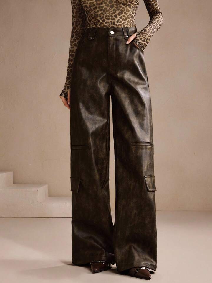 CM-BS445211 Women Elegant Seoul Style Mid Waist PU Leather Cargo Straight Leg Pants - Brown