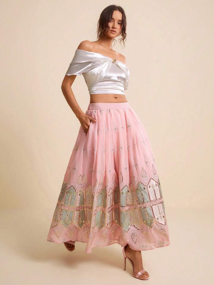 CM-BS058921 Women Elegant Seoul Style High Waist Bead Gold Thread Embroidery Chiffon Maxi Skirt - Pink