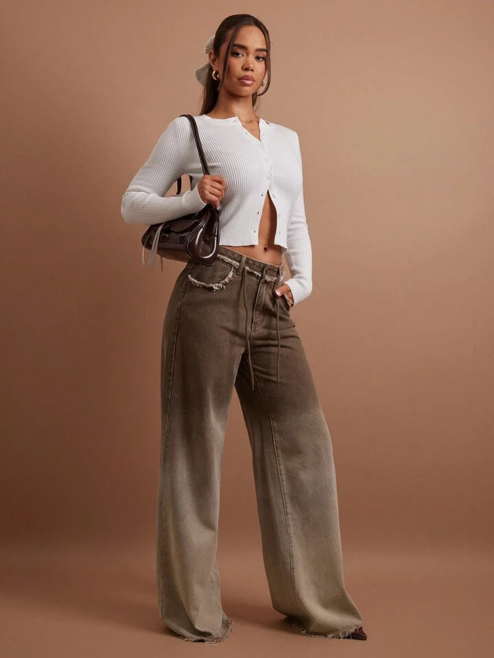CM-BS298965 Women Casual Seoul Style Low Waist Front Button Pocket Frayed Hem Denim Jeans - Brown