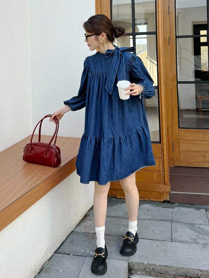 CM-DS154165 Women Elegant Seoul Style Medium Wash Bow Tie Lantern Sleeve Oversized Babydoll Denim Dress