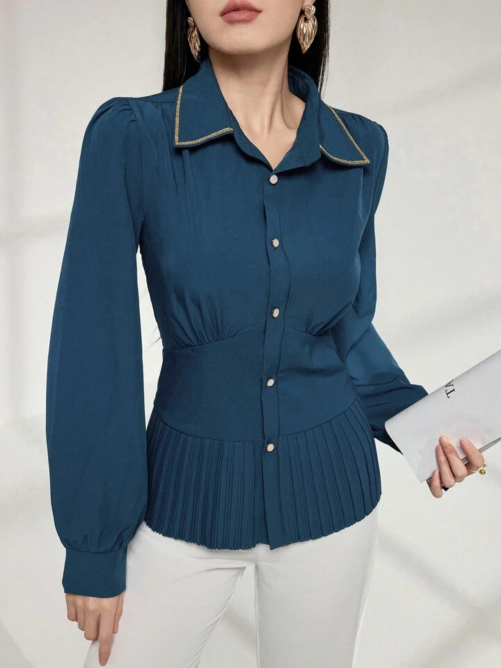 CM-TS121002 Women Casual Seoul Style Collar Neckline Long Sleeve Pleated Patchwork Shirt - Teal Blue