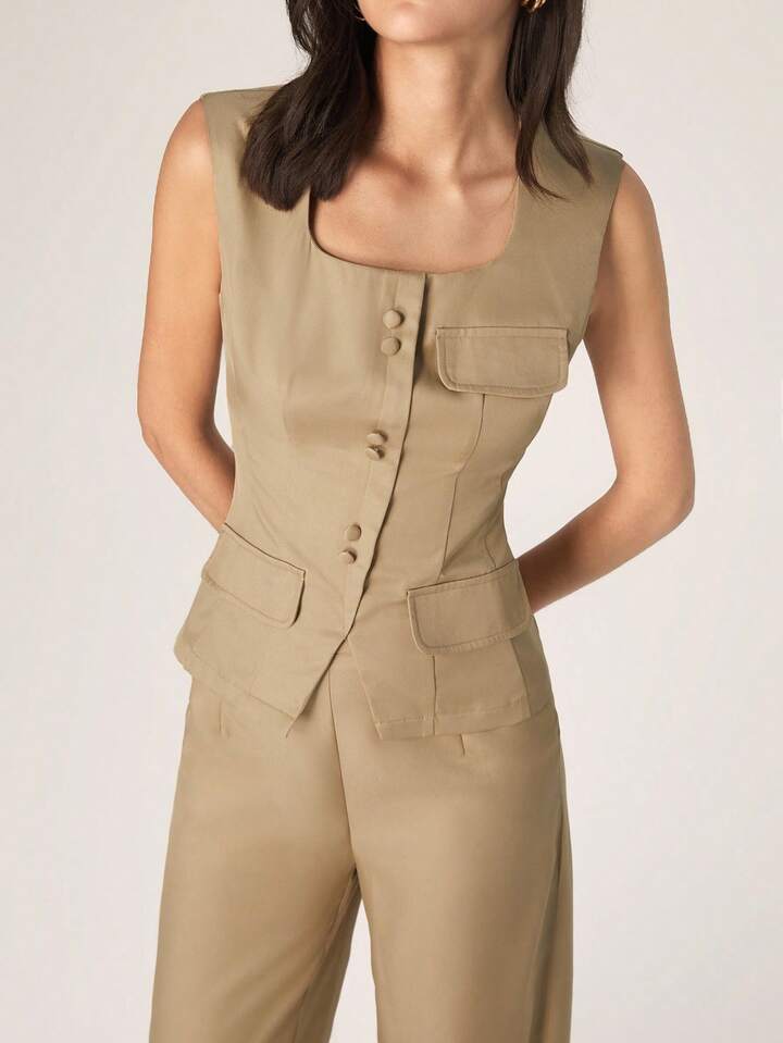 CM-SS846945 Women Elegant Seoul Style Solid Color Single-Breasted Square Collar Vest With Pants - Rust Brown