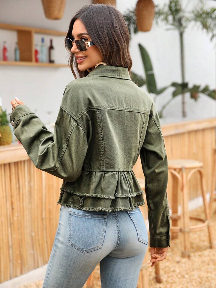 CM-CS397097 Women Casual Seoul Style Solid Color Frayed Edge Button Front Long Sleeve Denim Jacket