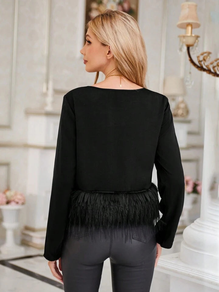 CM-TS264896 Women Elegant Seoul Style Round Neck Long Sleeve Solid Fuzzy Hem Blouse - Black