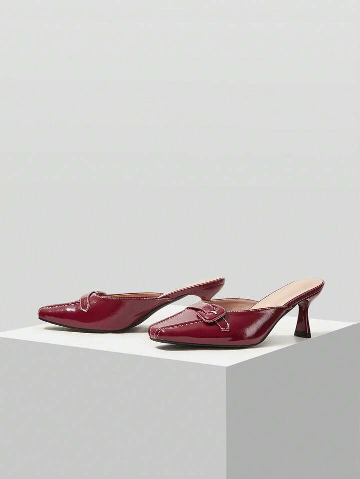 CM-SHS859258 Women Trendy Seoul Style Buckle Design High Heel Mules - Burgundy