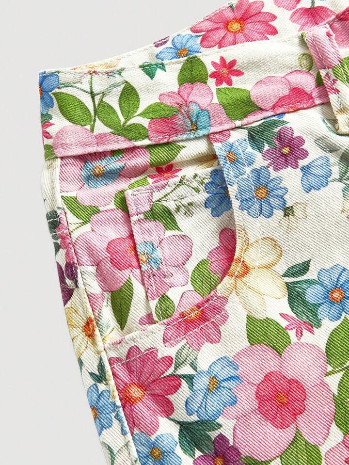 CM-BS267730 Women Casual Seoul Style Light Wash Floral Print Elastic Waist Wide Leg Jeans