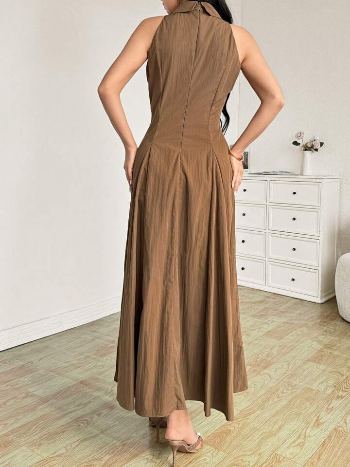 CM-DS240433 Women Elegant Seoul Style Solid Color Halter Neckline Sleeveless Midi Dress - Brown