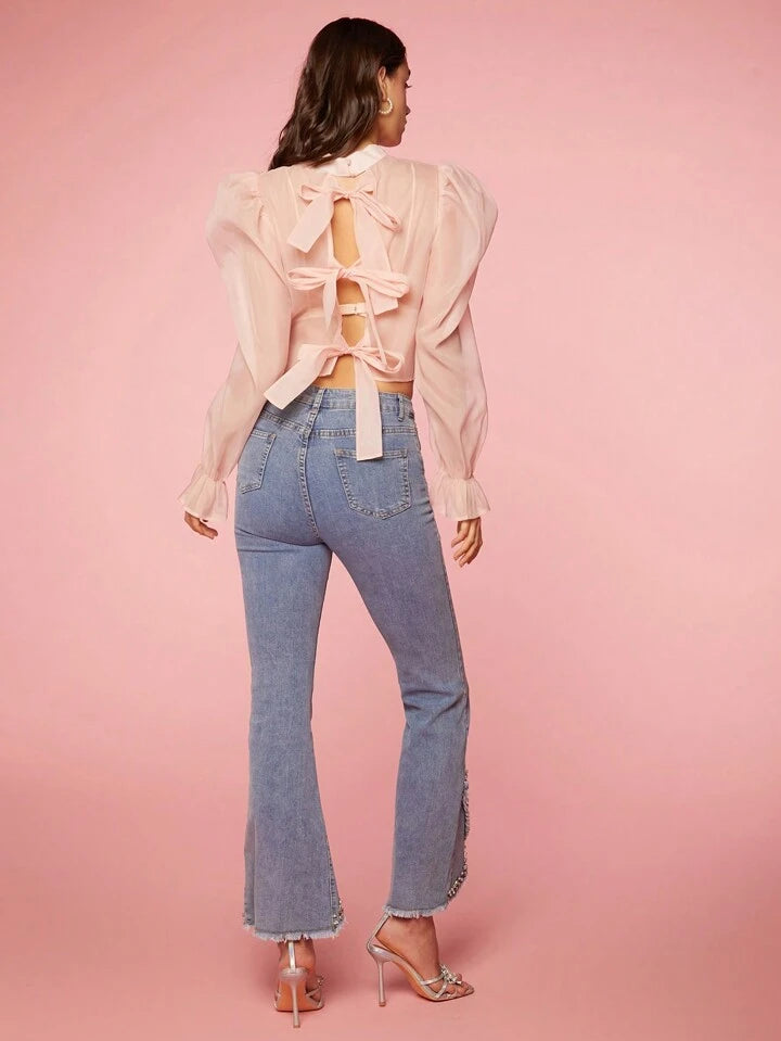 CM-TS444578 Women Casual Seoul Style Woven Back Bow Tie Puff Sleeve Shirt - Dusty Pink