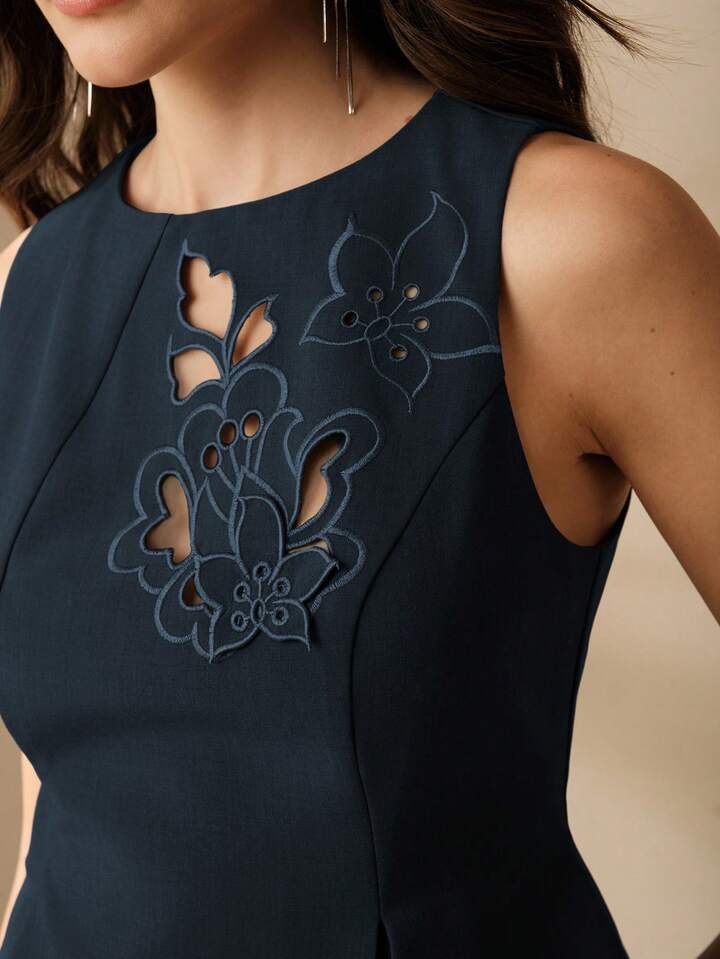 CM-TS289021 Women Elegant Seoul Style Embroidered Waist Fitted A-Line Asymmetrical Hem Tank Top - Navy Blue